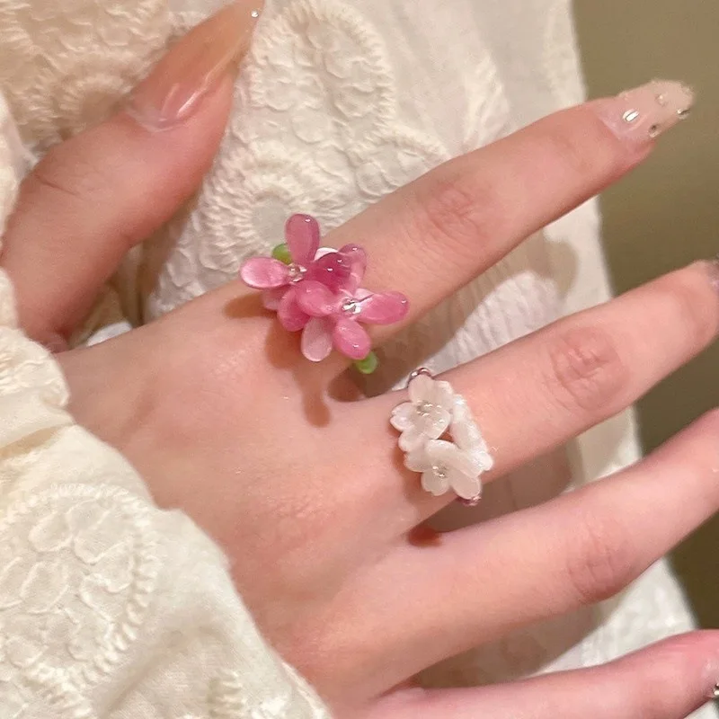 LATS New Cute Violet Flower Ring Spring Summer Elastic Beaded Rings for Women Friends Romantic Finger Jewelry Accessories Gift
