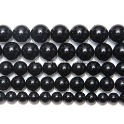 A quality Natural Genuine Black Tourmaline Stone Round Loose Beads 15