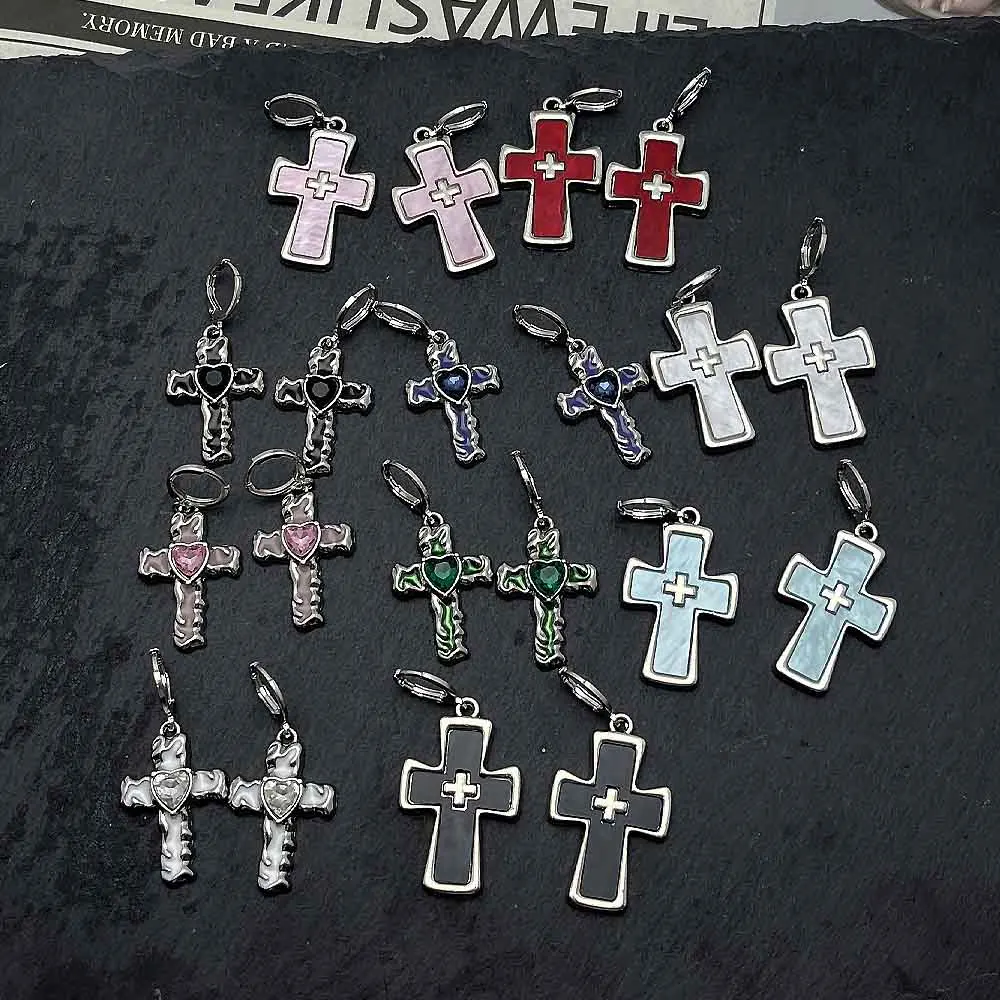 1 pair Korean Fashion Vintage Cross Crystal Drop Earrings For Women Goth Charms Cute Punk Grunge Y2K EMO 2000s Jewelry Acces