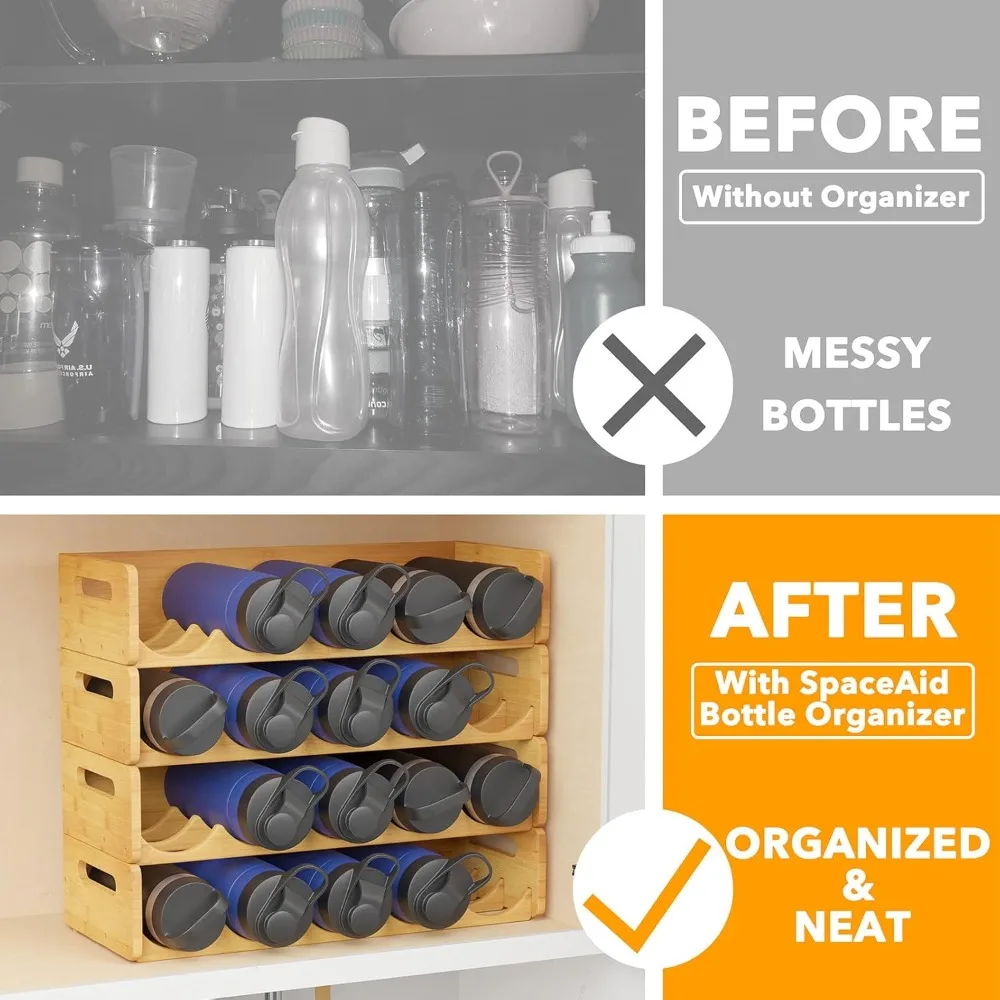 Bamboo Water Bottle Organizer with Labels, Kitchen Pantry Water Bottle Storage Rack for Cabinets, Home Cup