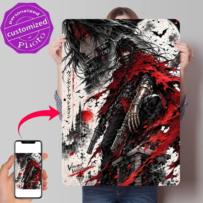 Vincent Valentine With Guns 3D Printed Texture Poster Personalized Wall Art Retro Metal Tin Signs for Bar Accessories Room Decor