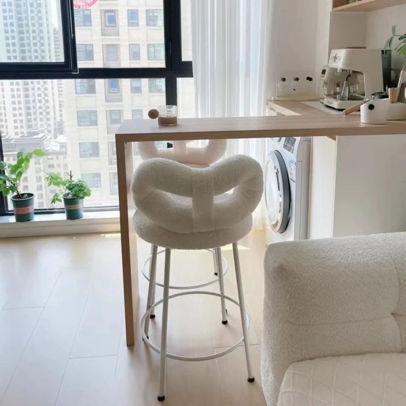 Modern Bar Stools Scandinavian Counter Height Chair Minimalist Kitchen Island Seat Lamb Wool Backrest Stool for Home & Cafe
