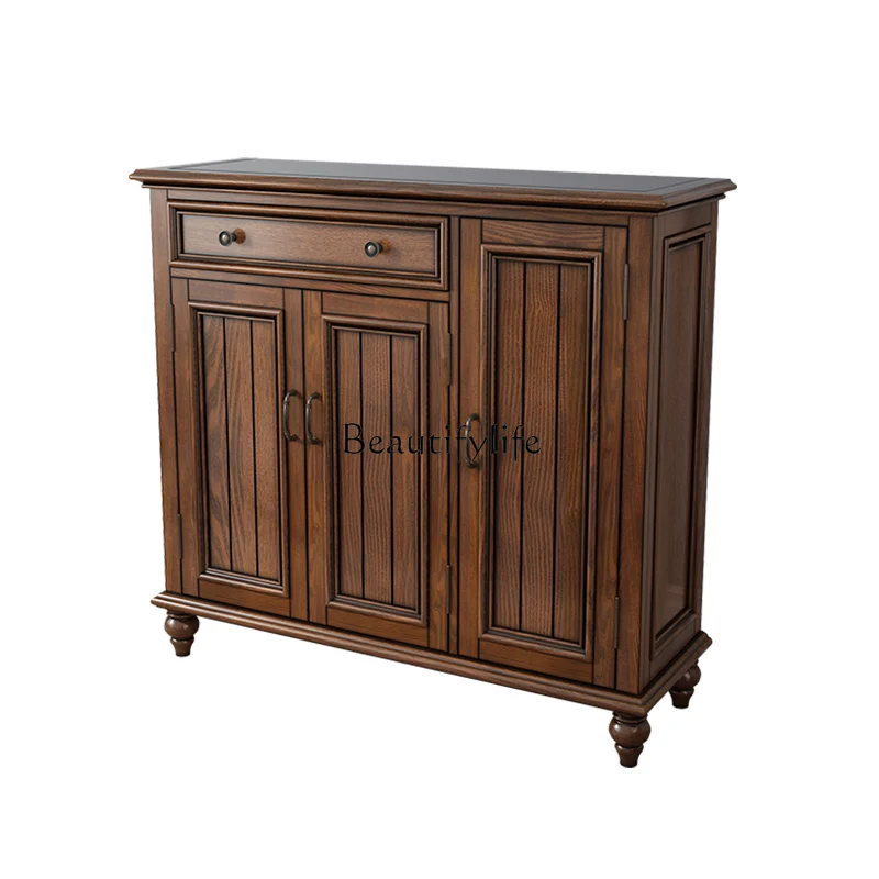 

American rural ash wood shoe cabinet all solid wood retro porch walnut color locker