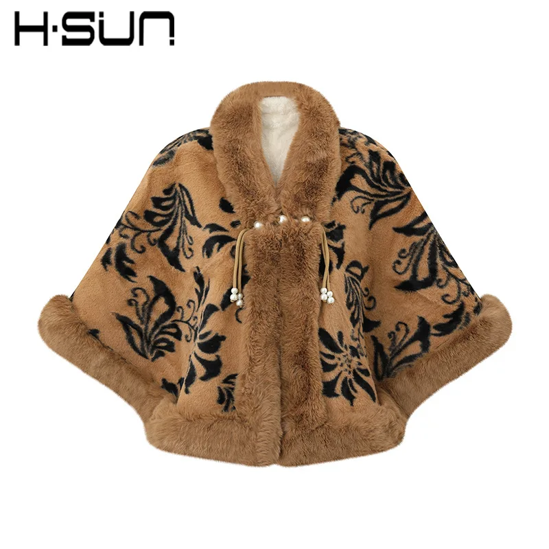 Women's Cape Coat Print Tie Fastener Beaded Decor Furry Collar Furry Trim Thick Warm Slim Fit Windproof Trendy Daily Wear Cloak