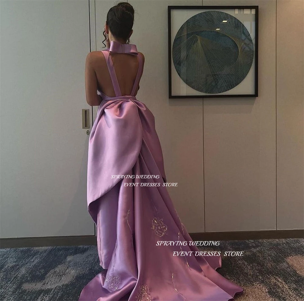 SPRAYING Sexy Halter Evening Dress Big Bow Leaky Back Prom Gown Soft Satin Floor Length Formal Occasion Dresses For Saudi Arabia