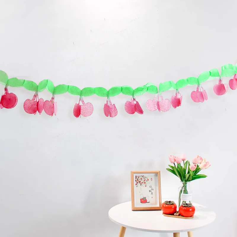 Ins Cute Cherry Paper Pull Flower Kids Birthday Wedding Baby Shower Party Pull Flags Room Wall Hanging Bunting Garland Decoratio