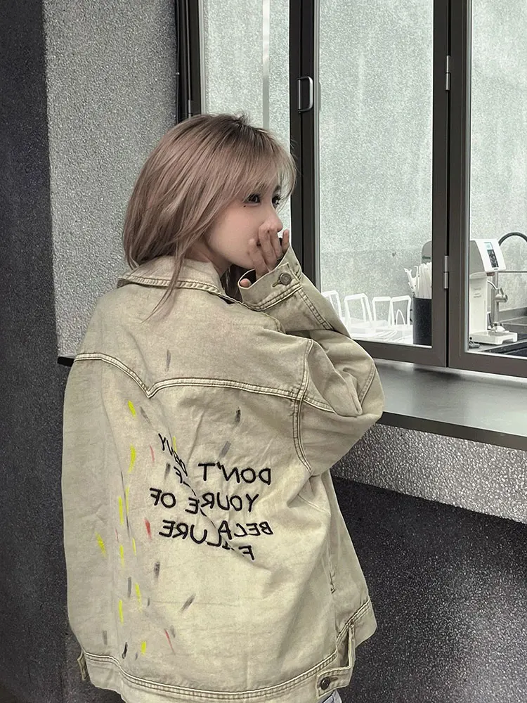 American style fashion inkjet denim jacket women loose fit spring and autumn vintage lapel collared cool jacket top