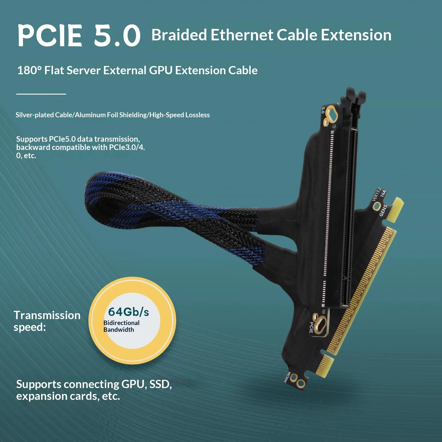 HOOCCC PCIe 5.0 X16 GEN5 Braided GPU Extension Cable — 180° Flat Version, Silver-Plated Shielded Riser for RTX 50 / RTX 40 & Ser