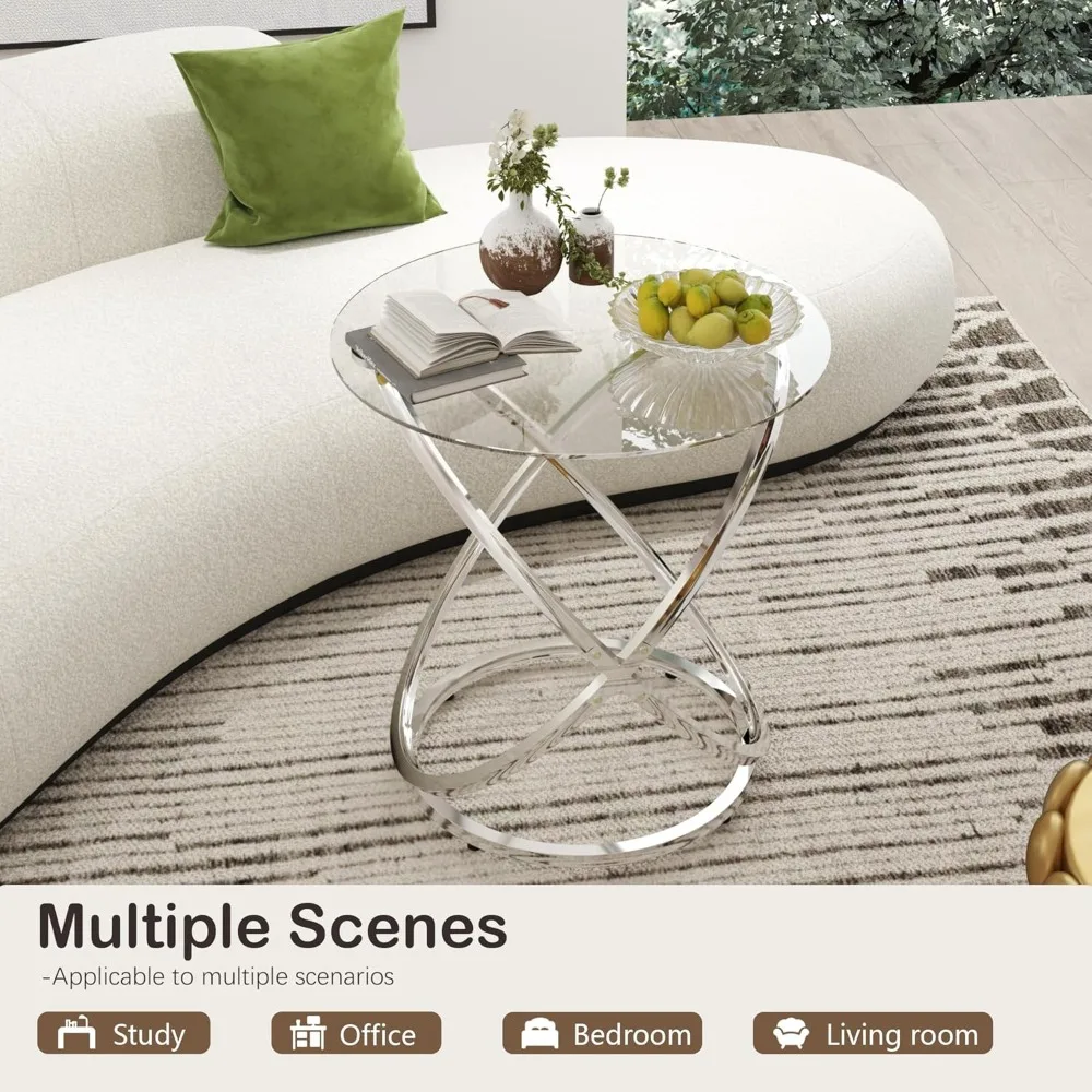 커피 테이블, 링 실버 메탈 프레임이 있는 모던 엔드 테이블, 장식용 원형 유리 커피 테이블, 작은 실버 커피 테이블