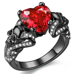 Gothic Skull Vintage Rings Heart Cubic Zirconia Crystal Biker Cocktail Party Rings for Women Halloween Christmas Gifts