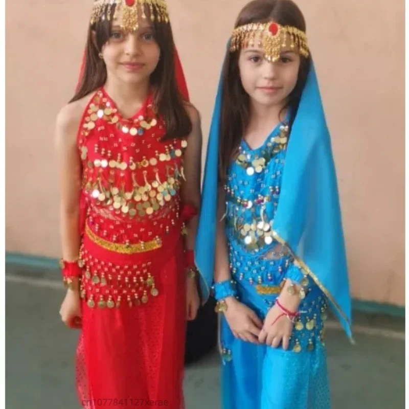 زي أداء الرقص الهندي للفتيات مع بلوزة مطرزة وسراويل فانوس مجموعة أزياء أداء الرقص العرقي