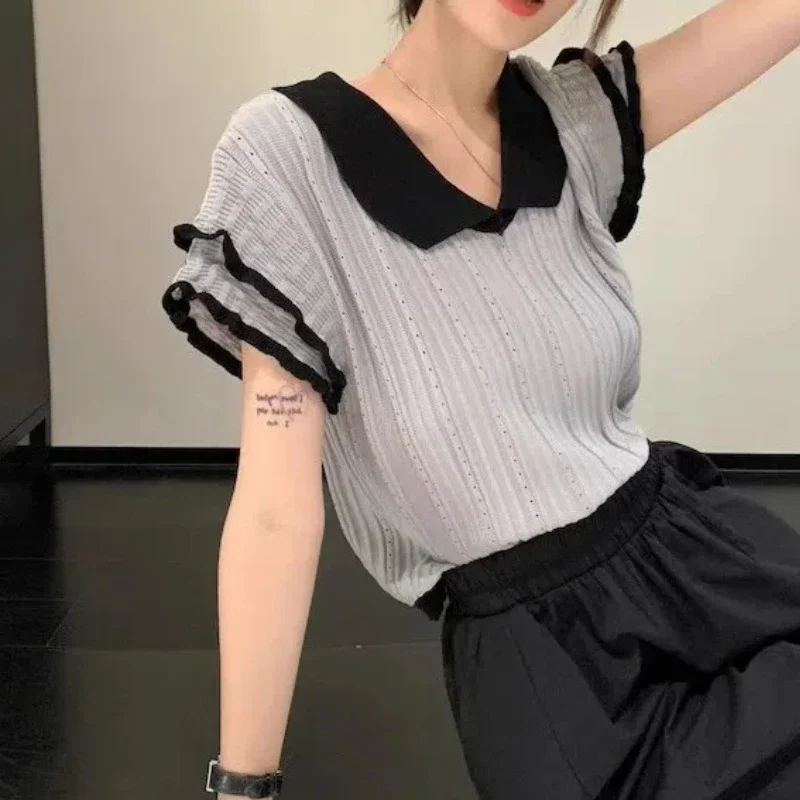 Summer New Casual Loose Short Sleeve Knitted Top Color Contrast Flying Sleeve Temperament