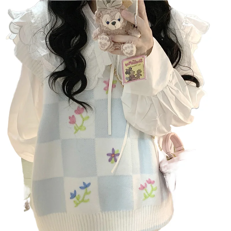 

Весенне-осенний вязаный жилет с милыми и свежими цветами и вышивкой в студенческом стиле, белый, синий свитер в шахматном порядке