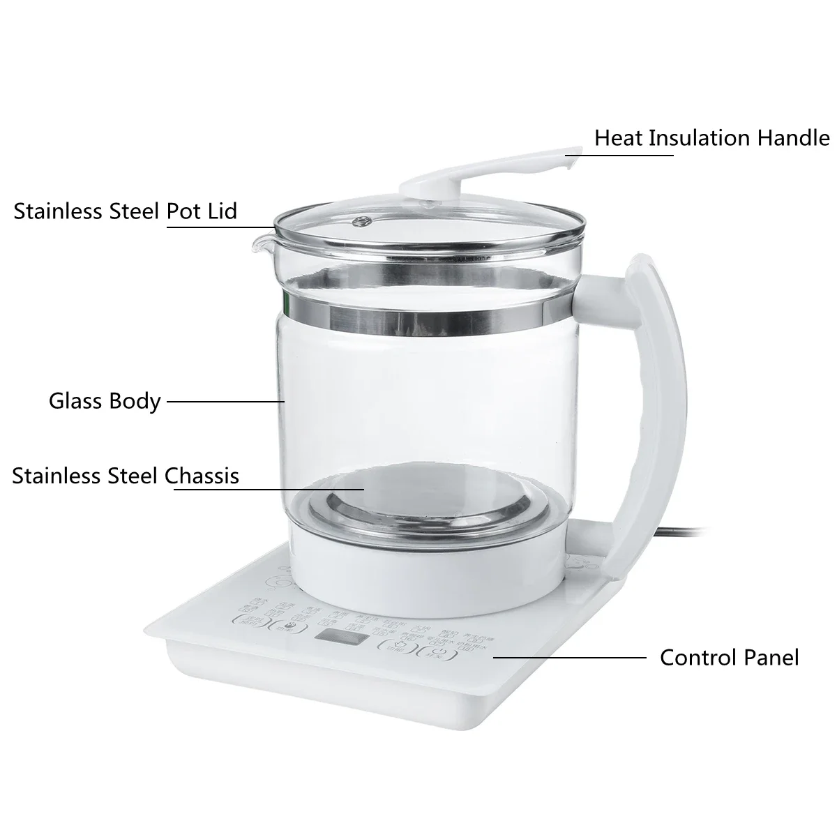 220V 1.8L bollitore elettrico multifunzionale in vetro riscaldatore sano fornello acqua bollente tè Porridge zuppa Stewing bollitore domestico