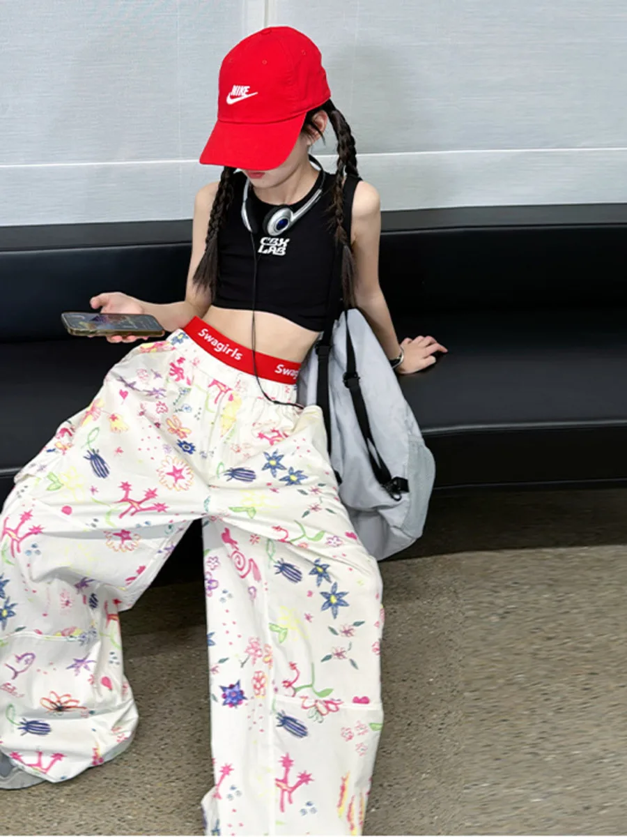 Girls' Cute Pants Spring Casual Loose Paratrooper Work Pants Graffiti Color Pants Wide Leg trousers Trend Teen Girl Stuff