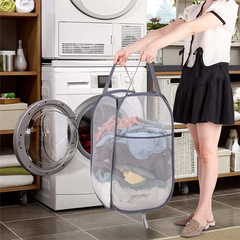

3 Pack Collapsible Laundry Basket Gray Strong Mesh Up Laundry Hamper For Laundry With Side Pocket Reinforced Handles