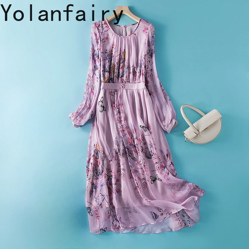 YOLANFAIRY 100% Real Mulberry Silk Dress Summer 2026 Fashion Floral Dress Elegant Long Sleeve Dresses Women Blue Dress Vestidos