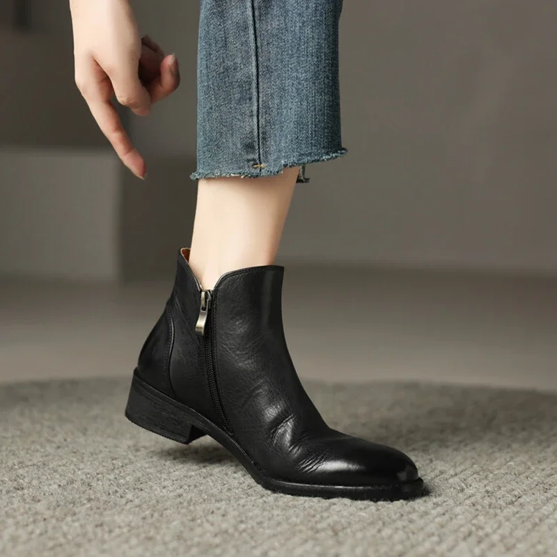 NEW Autumn Women Boots Round Toe Low Heel Boots Women Genuine Leather Shoes for Women Retro Zip Brown Ankle Boots сапоги женские