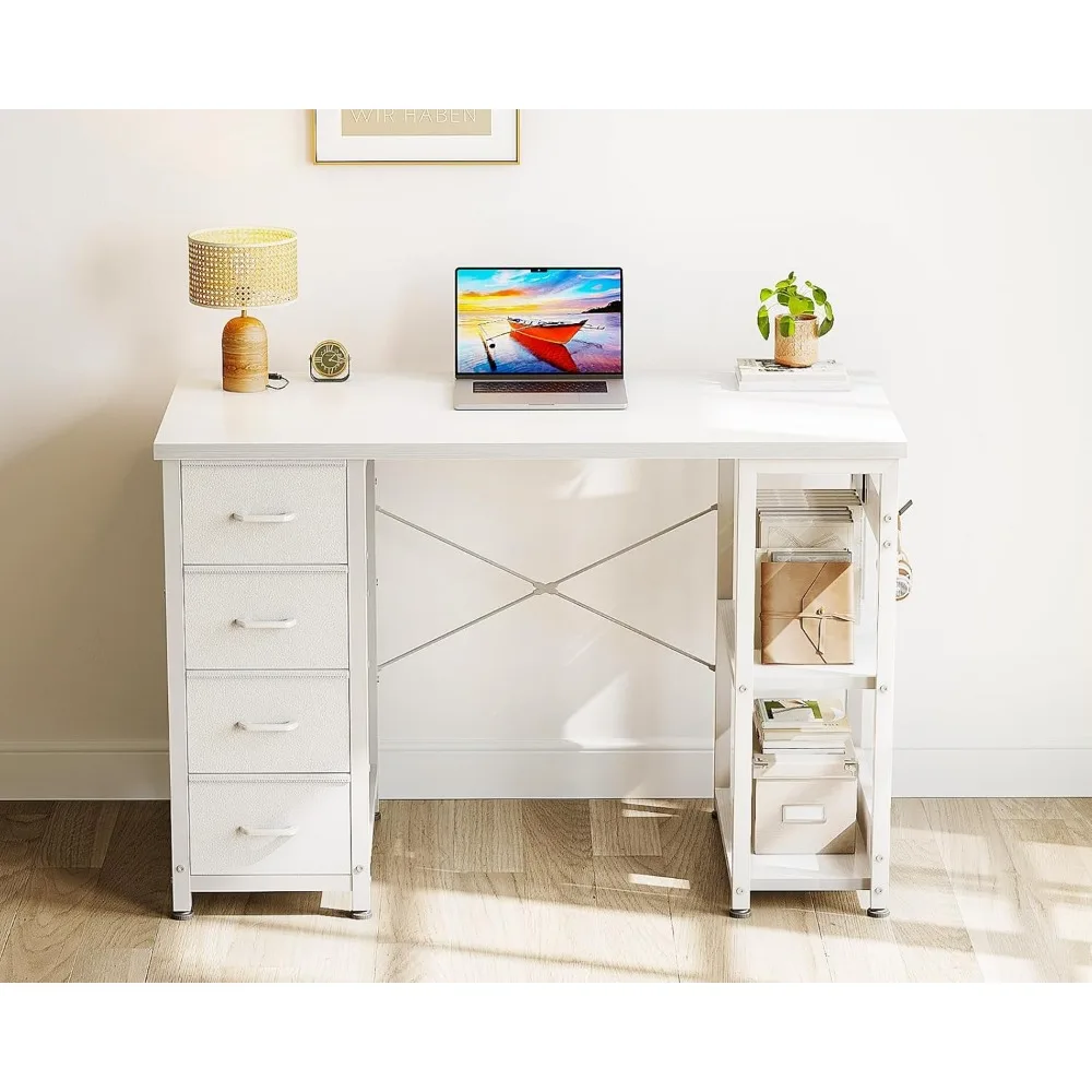 40 Inch Small White Computer Desk with 4 Fabric Drawers, Modern Writing PC Desk for Small Spaces, Home Office Study Table with