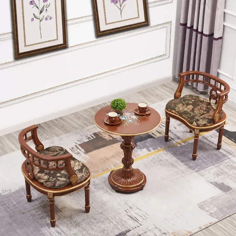Solid Wood Sofa Chair Set Living Room Balcony Hand Painted Rose Round Table Back Chair Wood Color One Table Two Chairs