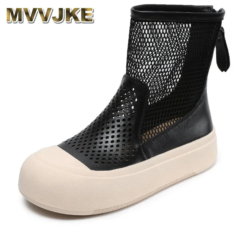 

Summer Cool Boots Hollow Out Breathable Genuine Leather Thick Bottom Ankle Boots For Women Back Zipper Air Mesh Shoes