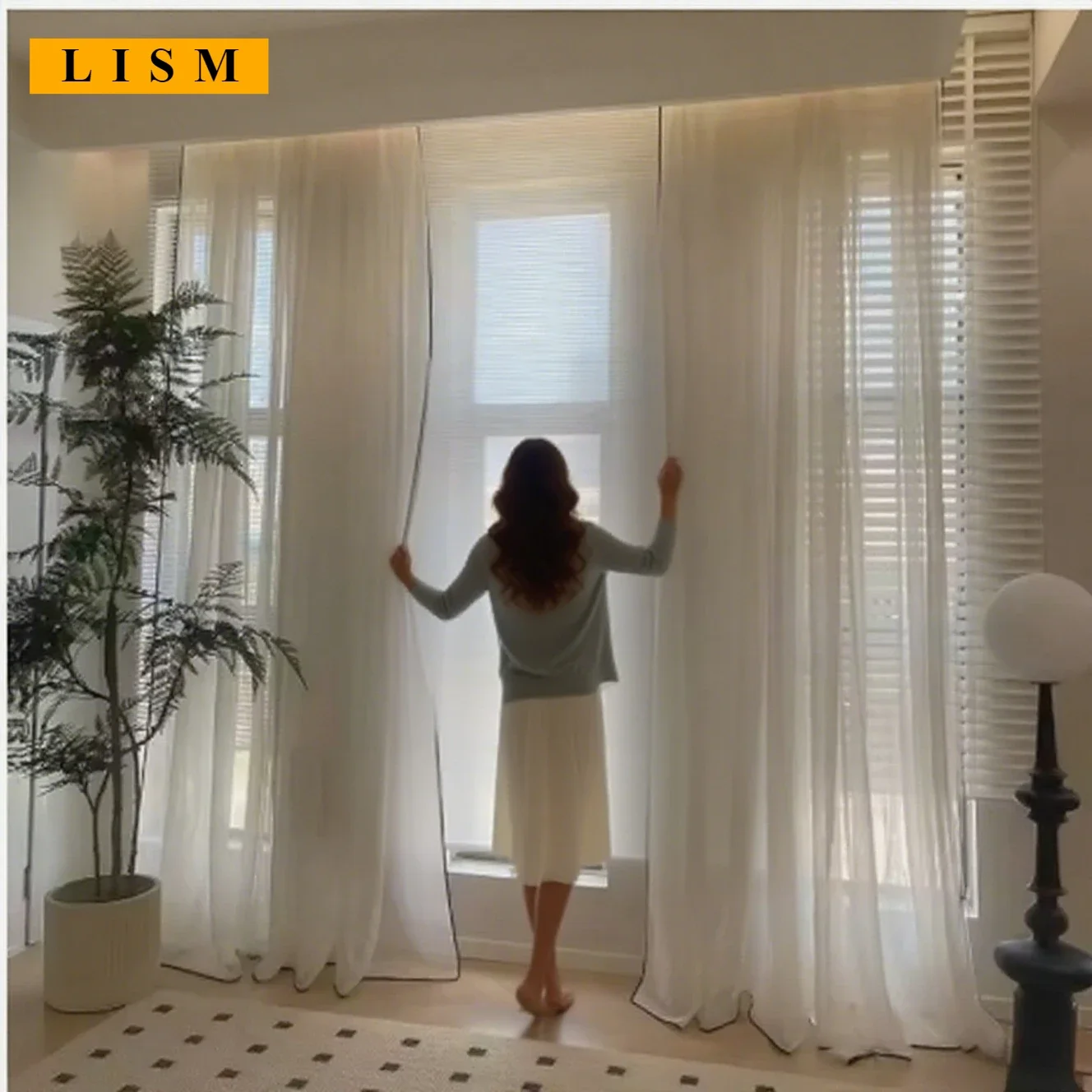 Retro Cream Linen White Tulle Sheer Curtains for Living Room Luxury Bedroom Dining Balcony Black Edge Blackout Gauze Window Door