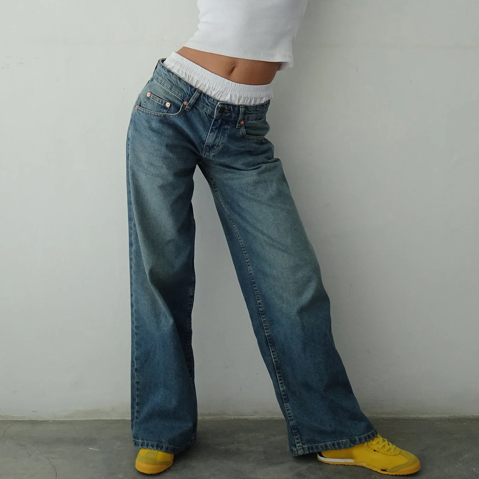 Y2K Jeans larghi da donna Pantaloni alla moda Vita bassa Casual Gamba dritta Jeans da fidanzato Pantaloni in denim con tasca Streetwear 2025