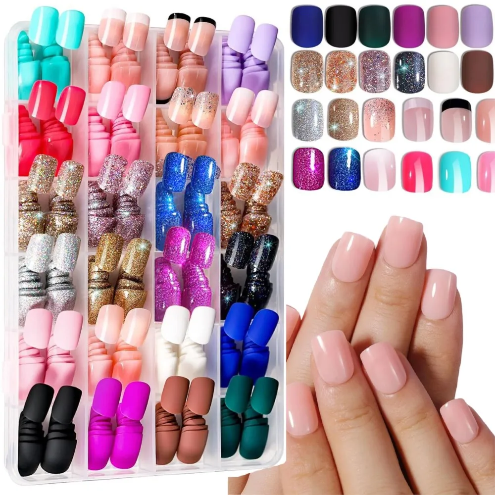 

576 PCS 24 Colors Short Square Press on Nails Shiny Glitter Acrylic Fake Nail Solid Color Full Cover False Nails Tips for Women