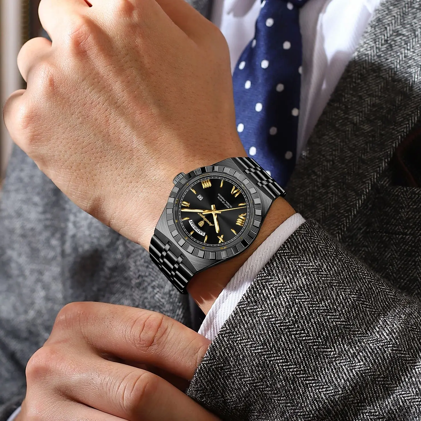 Poedagar esportes masculino relógio de pulso semana data aço inoxidável casual homem relógio luminoso à prova dwaterproof água quartzo moda relógios masculinos reloj