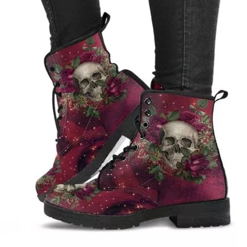 2024 Hot New Winter Big Size 35-43 Leather Boots for Women Gothic Printed English Style Leather Boots