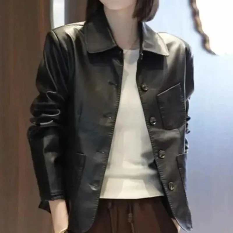 الخريف الشتاء سيدة الموضة المخملية بولي Leather سترة جلدية المرأة الكورية حجم كبير 4XL معطف جلد 2025 الإناث التلبيب فو سترة جلدية #4