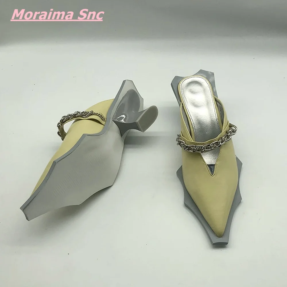 

2022 Summer Autumn Women's Slippers Pointed Toe Metal Chain Elegant Sandals Strange High Heel Novelty Solid Comfortable Shoes