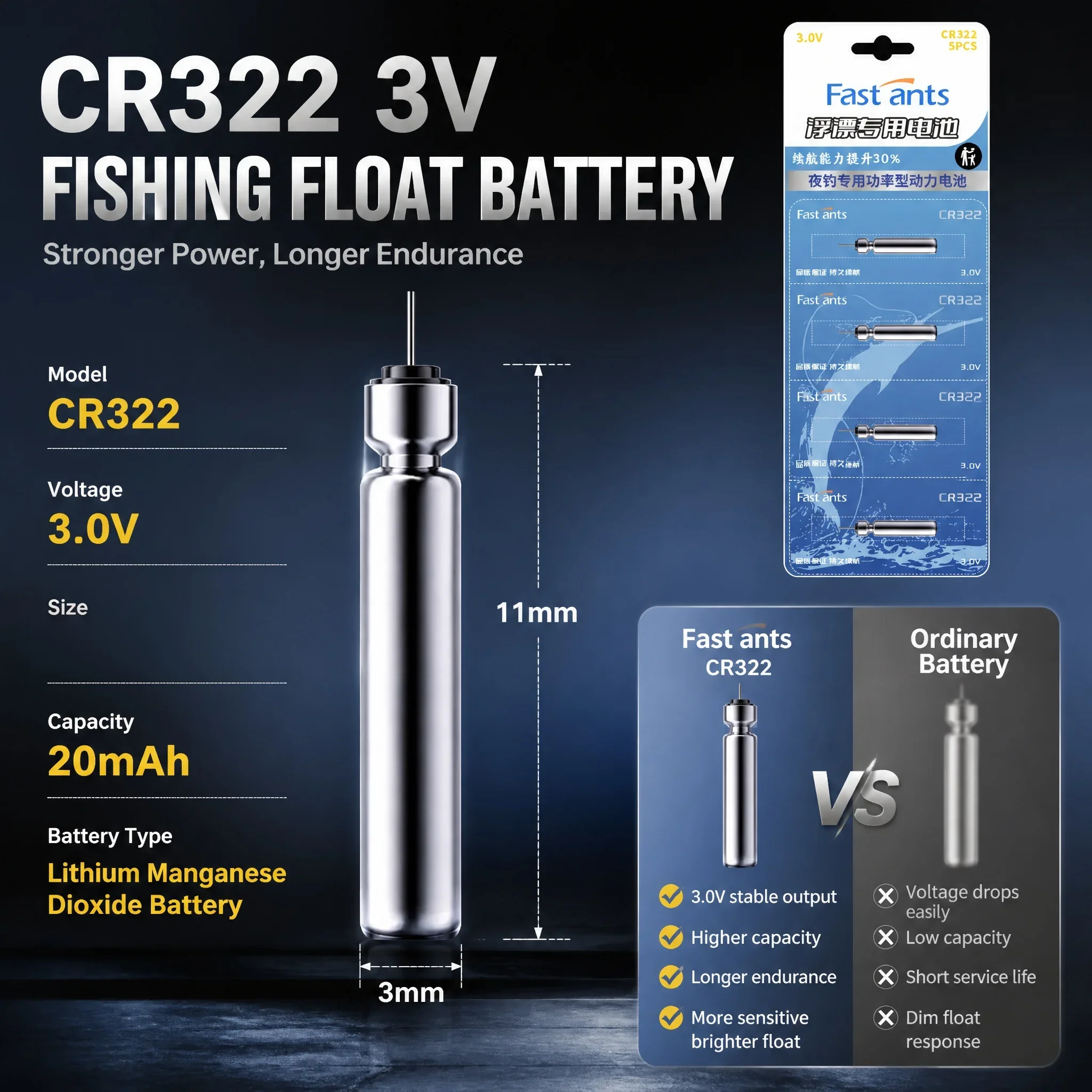 Fishing Float Battery CR311 3V Pin Type 3mm for LED Night Luminous Bobber with Light Fishing Accessories Cell