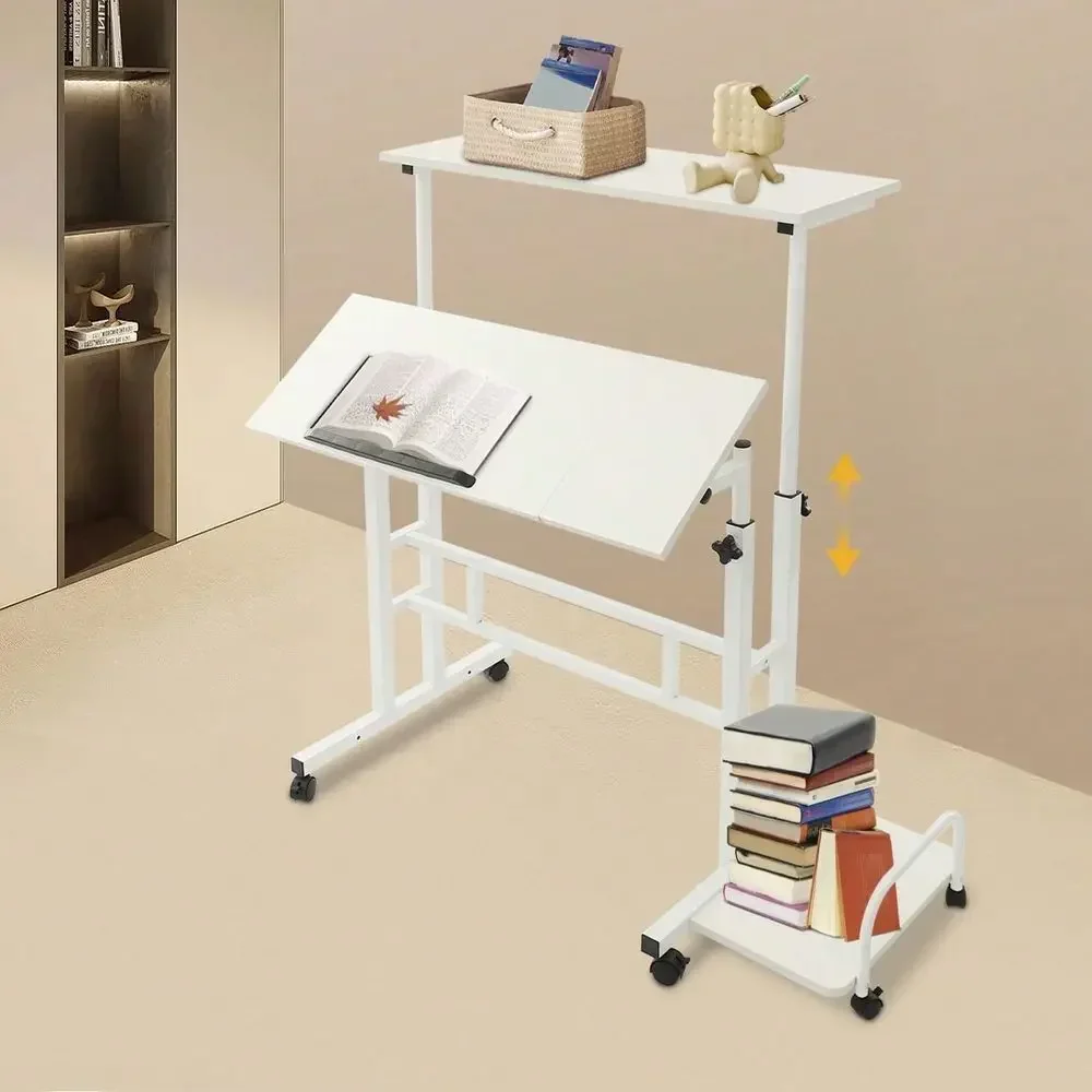 Height Foldable Rolling Laptop Desk With 3Panel Tilting Top, Carbon Steel Frame, Locking Wheels, Removable Side Tray, Compact M