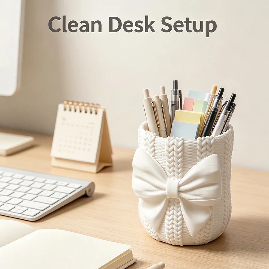 Multifunctional Bow-Knot Decorative Pen Holder, White Knitted Texture Makeup Brush Storage Cup, 3D Printed Desktop Stationery Organizer, Simple Style Desktop Storage Decoration, Suitable for Office, Study, Dormitory