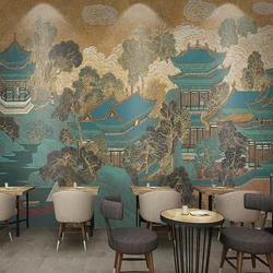 Custom Mural Wallpaper Chinese Style Hand Painted Architecture Temple Fresco Living Room Dining Room Background Wall Painting 3D