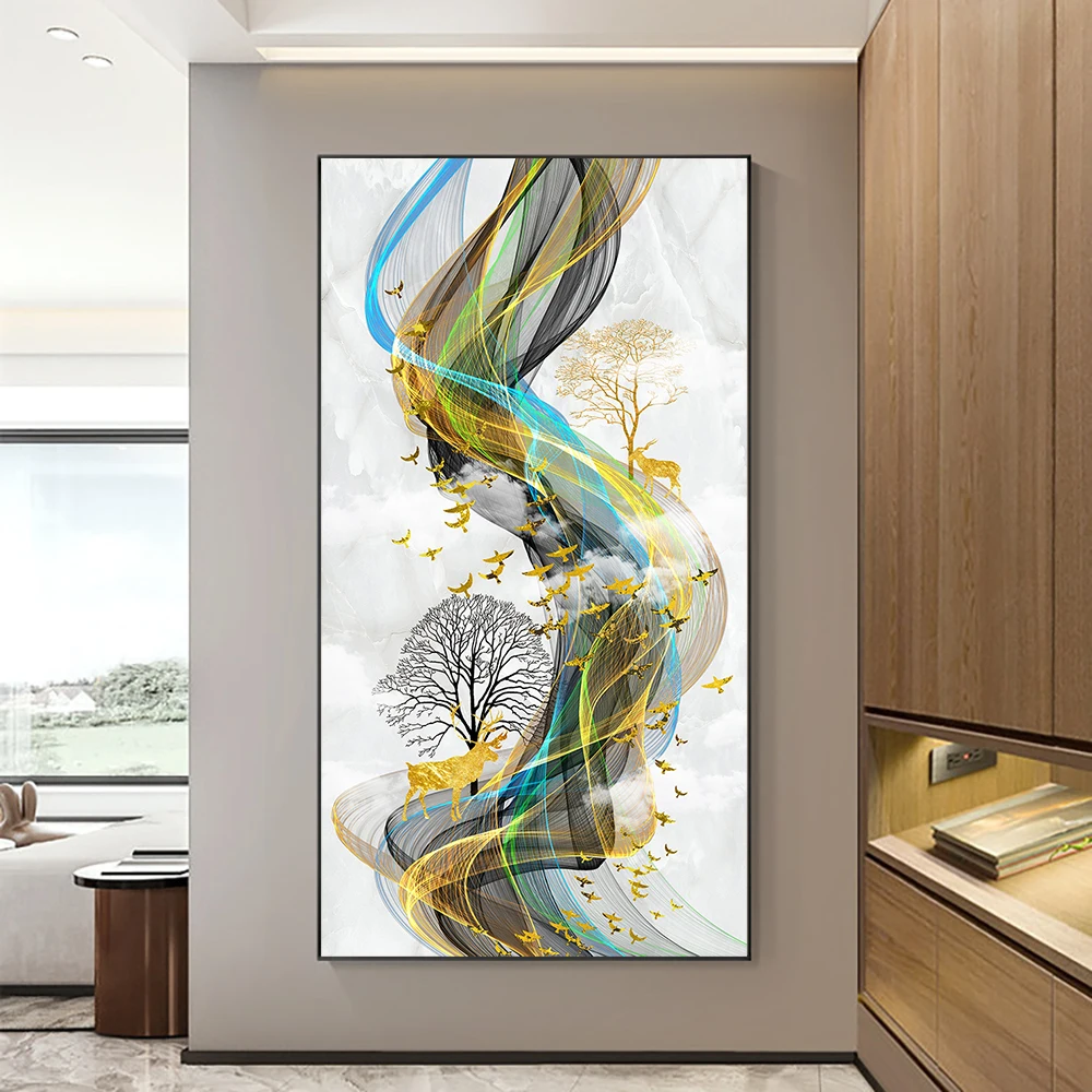 

Abstract Ribbon Golden Deer Tree Canvas Painting Modern Nordic Landscape Posters And Prints Wall Art Picture For Home Decor