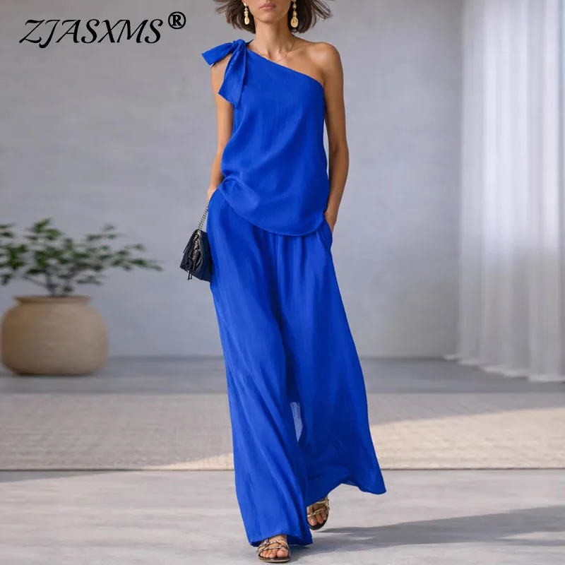 Conjunto de Pantalón Ancho y Top Sexy de un Solo Hombro con Lazo para Mujer, Traje Bohemio Hueco Sólido de Dos Piezas sin Mangas para Primavera/Verano, Ideal para Vacaciones