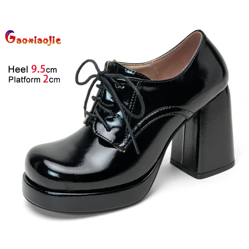 

Women's Pumps Fashion Square Toe Lace Up Single Shoes 9.5cm Chunky High Heels Soft Black Patent leather Platform Woman Shoes CD