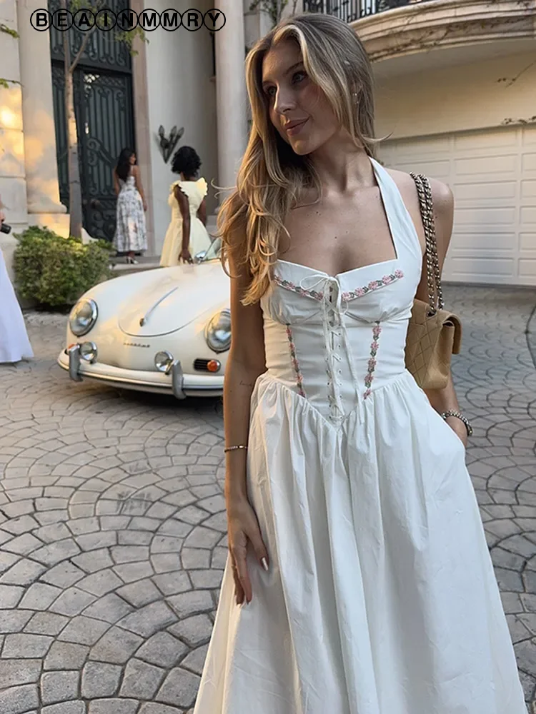 

Summer Chic White Halter Mini Dresses Women Elegant High Waist Ruffled Long Robe Beach Holiday 2025 Lady Fashion Casual Vestidos