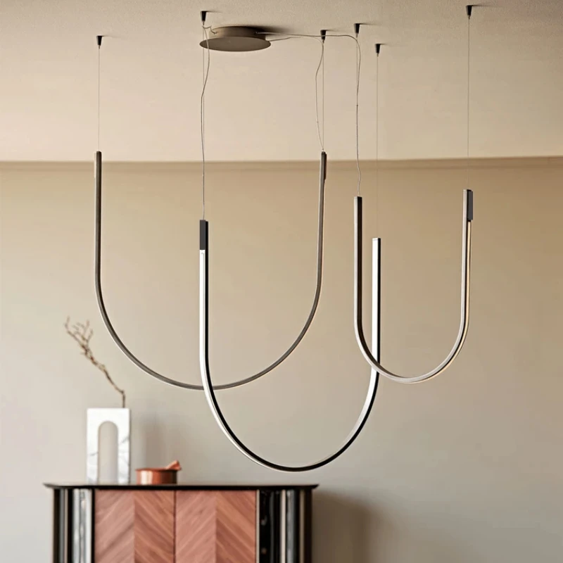 

Designer U-shaped Chandeliers Minimalist Line Restaurant Pendant lamp Villa Living Room Stairwell Creative Belt Pendant Lights