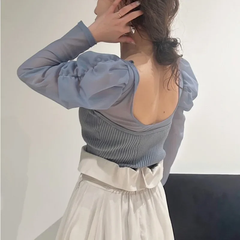 Puff Long Sleeve Ropa Mujer Japan Feminino Sexy Backless Sweater Square Collar Pullover Spring Womens Clothing 2025 Knitwears