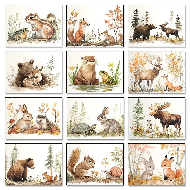 Forest Animal Rabbit Turtle Squirrel Cartoon Illustration Posters Prints Canvas Painting Wall Art Picture Living Room Home De