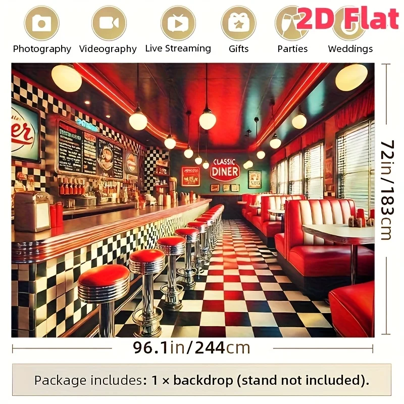 2D-Retro-Wandbild im amerikanischen Restaurant-Stil – Fotohintergrund aus Polyestergewebe im Stil der 1950er Jahre, mit kariertem Boden und Neonlichtern – Detail 8