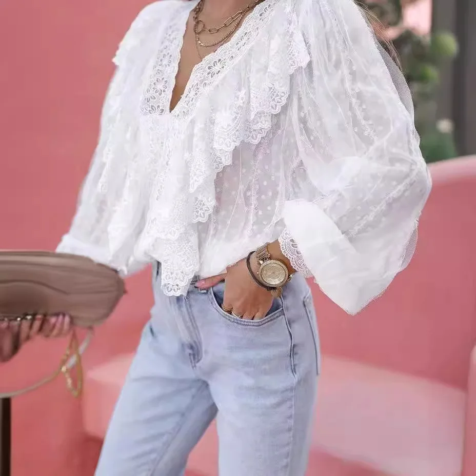 Frauen Bluse Shirts Rüschen Rundhals Sexy Blusen Y2k Tops Casual Unregelmäßigkeit Schlank Hohe Taille Elegante Weiße Arbeit Streetwear