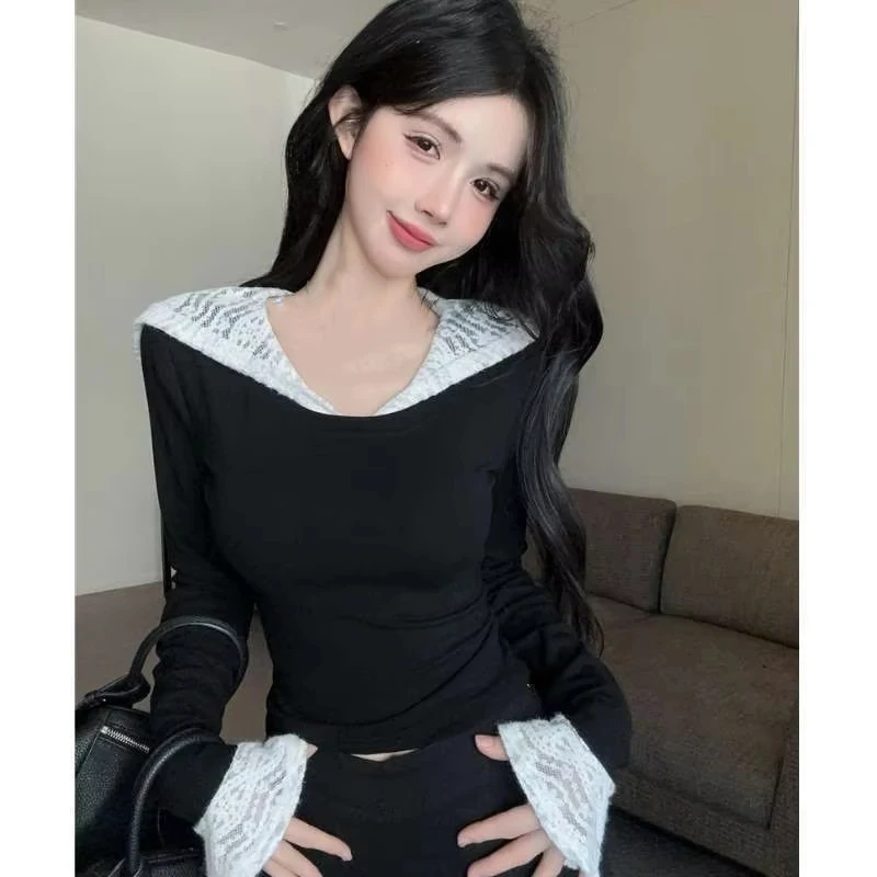 Y2k Spitze Patchwork Mit Kapuze Tops Mujer Lange Ärmeln Schwarz T-shirt Für Frauen 2025, Sommer Mode Neue Slim Fit T-shirt