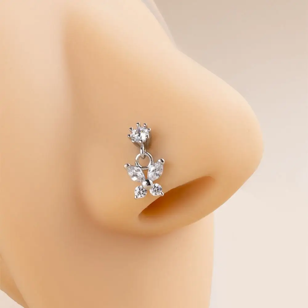 Stainless Steel Piercing Nose Studs Crystal Zircon L Screw Rod Butterfly Pendant Nose Ring Goth Pierc Body Jewelry Daily Wear view 5