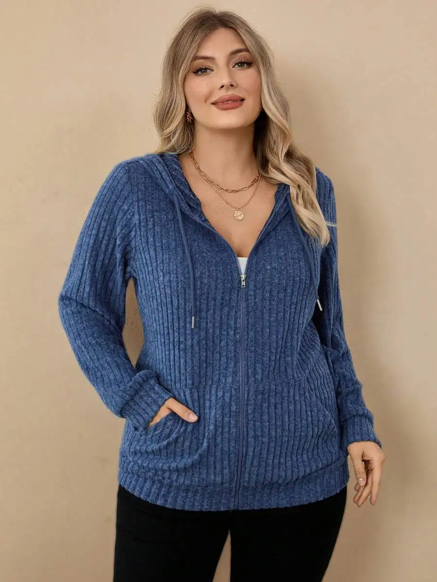 

Women's Plus Size Ribbed Knit Zip-Up Hoodie with Pockets, Lightweight Casual Winter Jacket