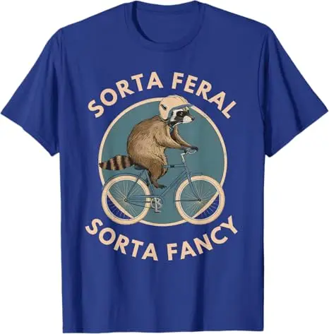 Raccoon Bicycle Riding Vintage Animal Funny Feral Cyclist T-Shirt Sorta Feral Sorta Fancy Y2k Raccoon Saying Tee Novelty Gift