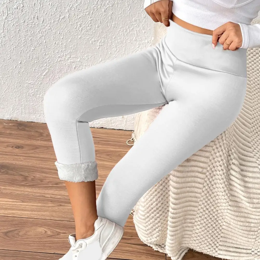 Weather Legwear Cozy Velvet-lined Winter Leggings for Women High-waisted Straight Leg Pants with Body Shaping Effect Solid Color